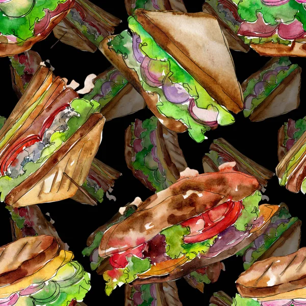 Sandwich en un estilo acuarela. Acuarela elemento ilustrativo de comida rápida. Patrón de fondo sin costuras . —  Fotos de Stock