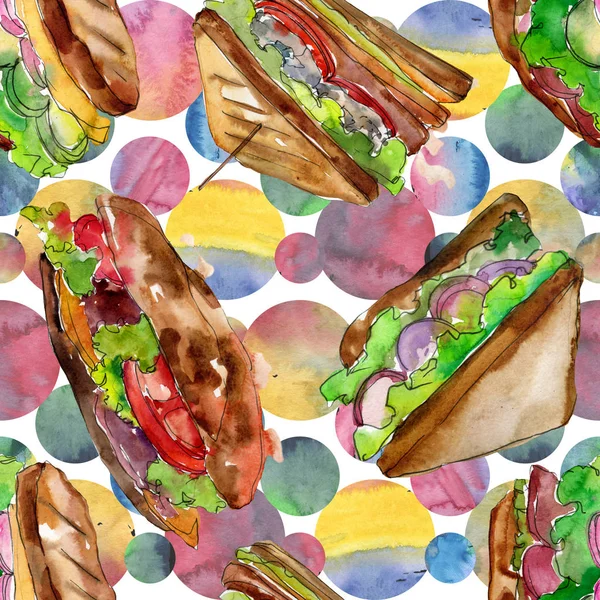 Sanduíche em estilo aquarela. Watercolor fast food elemento ilustração. Padrão de fundo sem costura . — Fotografia de Stock