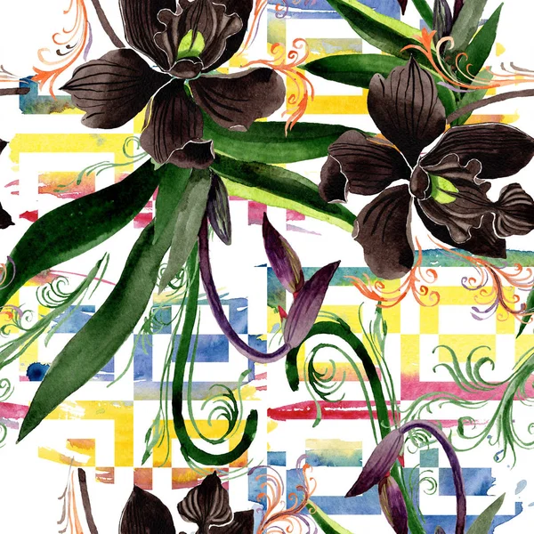 Black orchid floral botanical flowers. Watercolor background illustration set. Seamless background pattern. — Stock Photo, Image