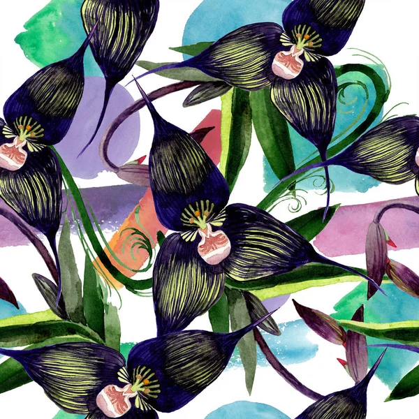 Fiori botanici floreali di orchidea nera. Acquerello sfondo illustrazione set. Modello di sfondo senza soluzione di continuità . — Foto Stock