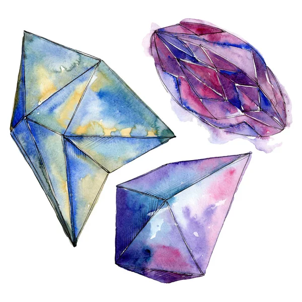 Pedra de diamante colorido jóias minerais. Conjunto de fundo aquarela. Isolado elemento ilustração de cristal . — Fotografia de Stock