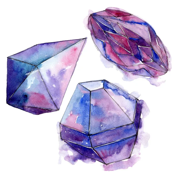 Coloridos diamantes minerales de joyería de roca. Conjunto de fondo acuarela. Elemento de ilustración de cristal aislado . —  Fotos de Stock