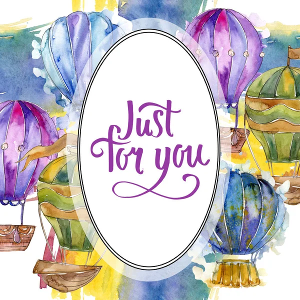 Hot air balloon background fly air transport. Watercolor background illustration set. Frame border ornament square.