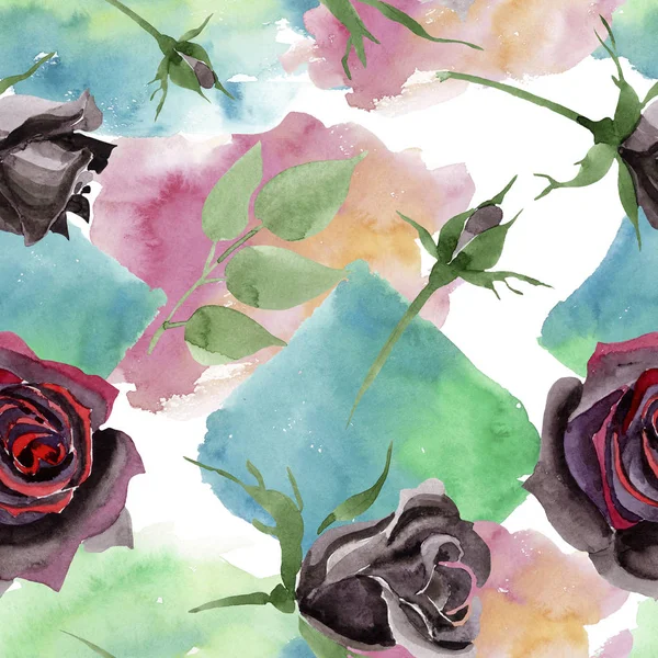 Botanische Blüten der schwarzen Rose. Aquarell Hintergrundillustration Set. nahtloses Hintergrundmuster. — Stockfoto