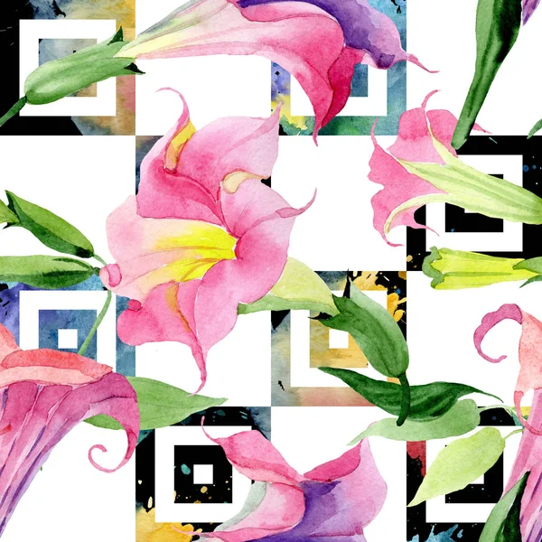 粉红的布鲁曼斯花植物花。水彩背景插图集。无缝的背景模式. — 图库照片