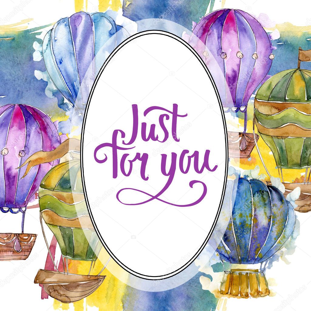 Hot air balloon background fly air transport. Watercolor background illustration set. Frame border ornament square.