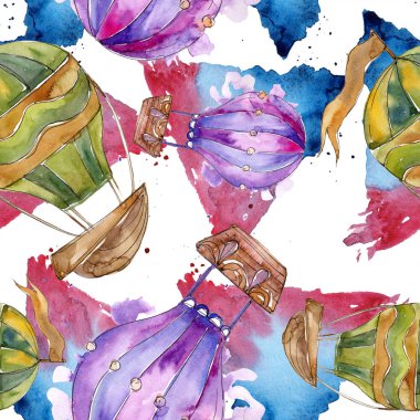 Sıcak hava balon arka plan fly hava taşımacılığı. Suluboya arka plan ayarlamak. Sorunsuz arka plan deseni.