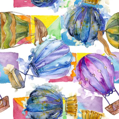 Sıcak hava balon arka plan fly hava taşımacılığı. Suluboya arka plan ayarlamak. Sorunsuz arka plan deseni.