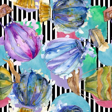 Sıcak hava balon arka plan fly hava taşımacılığı. Suluboya arka plan ayarlamak. Sorunsuz arka plan deseni.