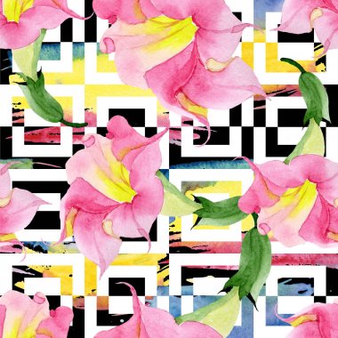 Pembe Brugmansia Floral botanik çiçekleri. Suluboya arka plan illüstrasyon seti. Kesintisiz arka plan deseni.