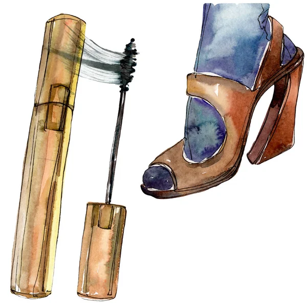 Maskara ve ayakkabı bir suluboya tarzı izole eleman glamour illüstrasyon kroki. Suluboya arka plan seti. — Stok fotoğraf