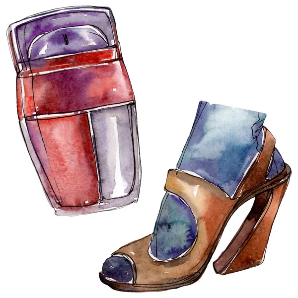 Perfume y zapatos esbozan ilustración de glamour en un elemento aislado de estilo acuarela. Conjunto de fondo acuarela . — Foto de Stock