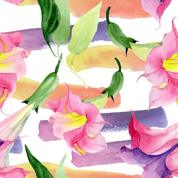 Pembe Brugmansia Floral botanik çiçekleri. Suluboya arka plan illüstrasyon seti. Kesintisiz arka plan deseni. — Stok fotoğraf