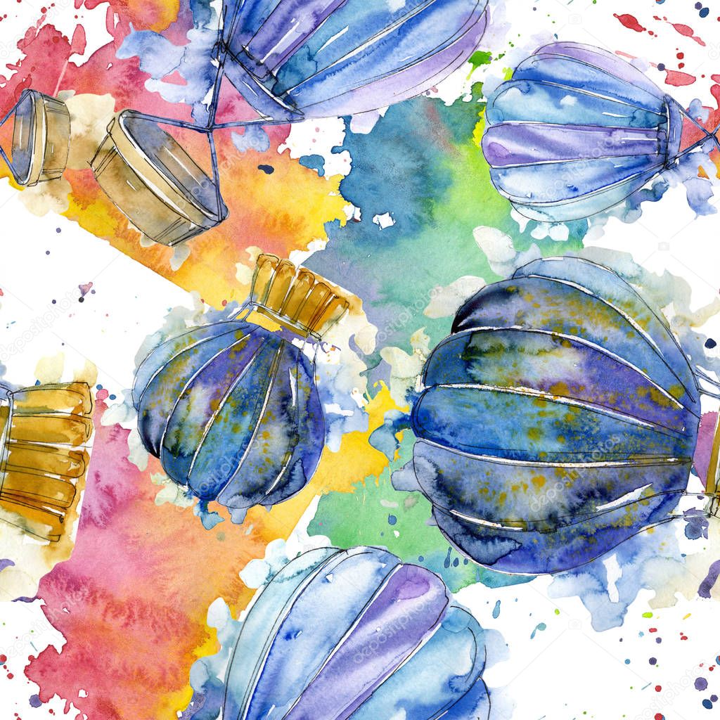 Hot air balloon background fly air transport. Watercolor background set. Seamless background pattern.