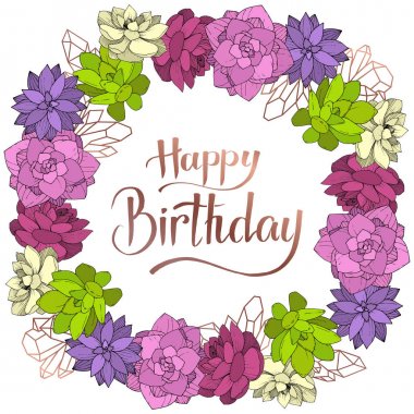 Vektör Succulents botanik çiçek. Beyaz arka plan üzerinde oyulmuş mürekkep sanat. Çerçeve kenarlığı süsleme Meydanı.