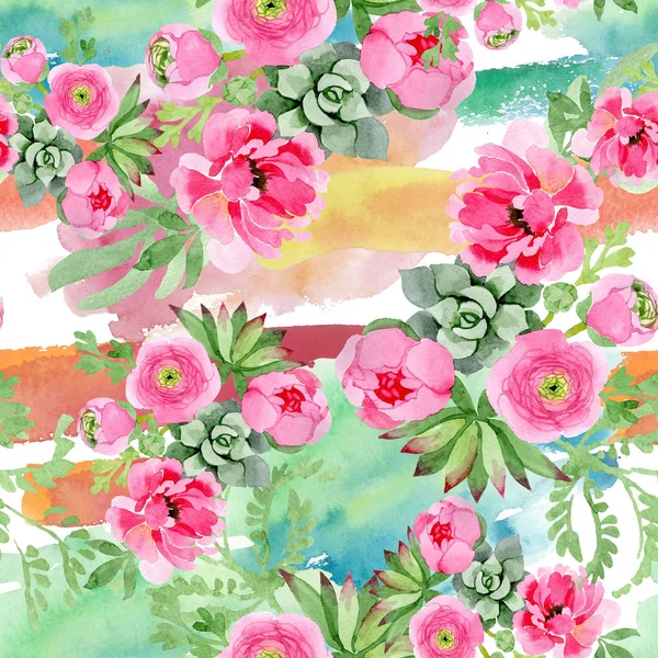 Pink ranunculus floral botanical flowers. Watercolor background illustration set. Seamless background pattern. — Stock Photo, Image