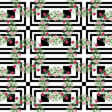 Pembe ve kırmızı çalı güller botanik çiçek. Suluboya arka plan illüstrasyon küme. Sorunsuz arka plan deseni.