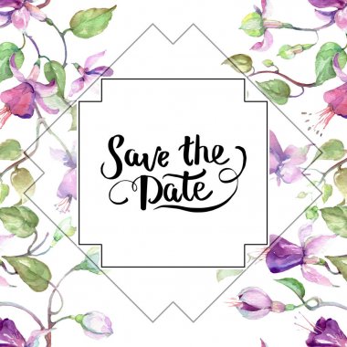 Mor fuşya buket. Botanik çiçek. Suluboya arka plan illüstrasyon küme. Çerçeve kenarlığı süsleme Meydanı.