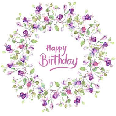 Mor fuşya buket. Botanik çiçek. Suluboya arka plan illüstrasyon küme. Çerçeve kenarlığı süsleme Meydanı.