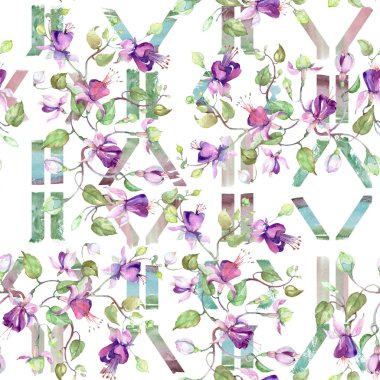 Mor fuşya buket. Botanik çiçek. Suluboya arka plan illüstrasyon küme. Sorunsuz arka plan deseni.