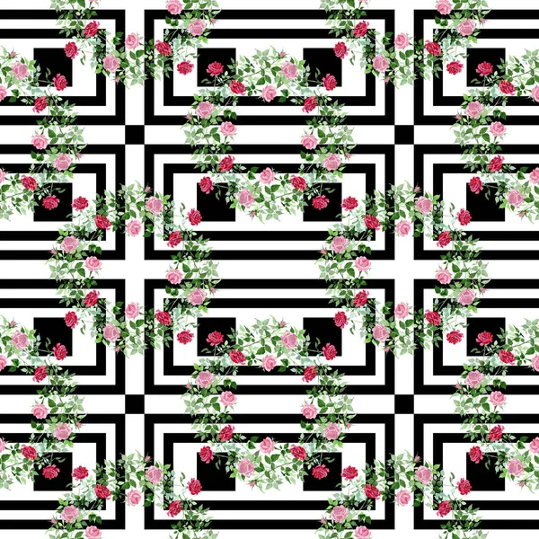 Pembe ve kırmızı çalı güller botanik çiçek. Suluboya arka plan illüstrasyon küme. Sorunsuz arka plan deseni.