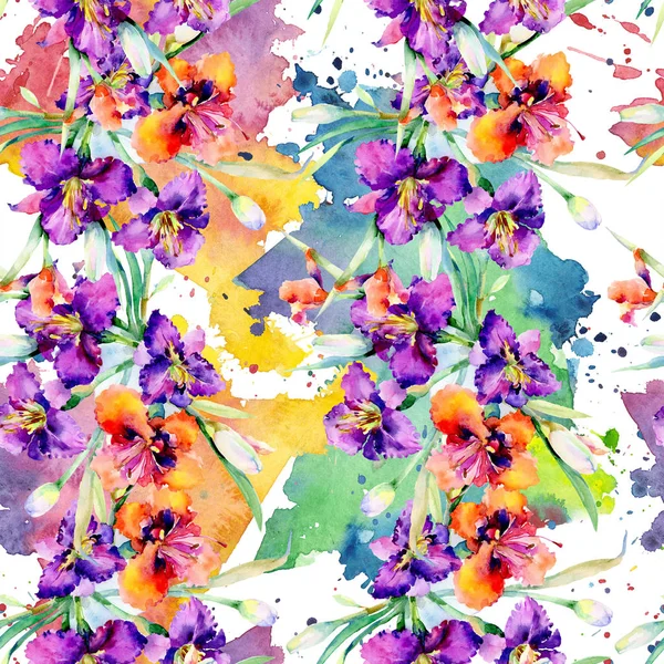 Фіолетовий букет з лілій квіткових ботанічних квітів. Набір ілюстрацій для акварельного фону. Безшовний візерунок тла . — стокове фото