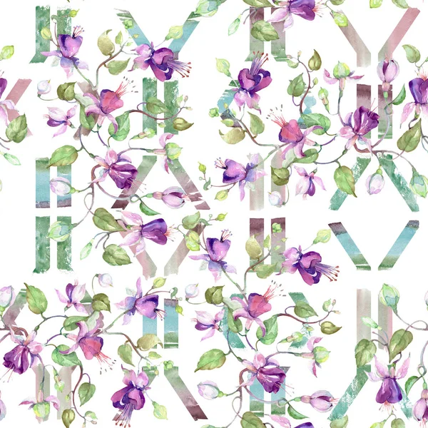 Mor fuşya buket. Botanik çiçek. Suluboya arka plan illüstrasyon küme. Sorunsuz arka plan deseni.