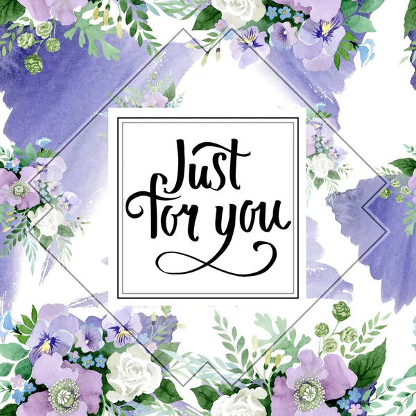 Bouquet viola fiori botanici floreali. Acquerello sfondo illustrazione set. Quadrato ornamento bordo cornice . — Foto Stock