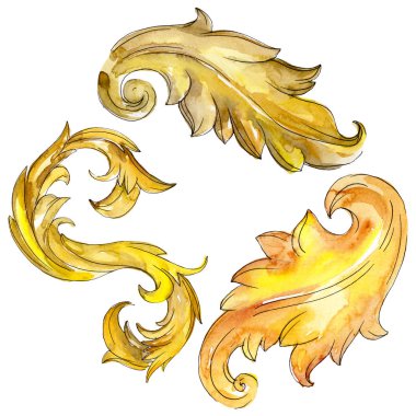 Altın monogram çiçek süsleme. Barok izole öğeleri Tasarla. Suluboya arka plan illüstrasyon seti.