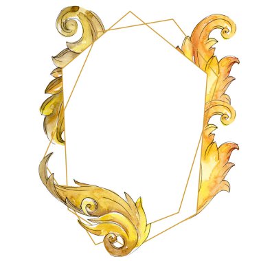 Altın monogram çiçek süsleme. Suluboya arka plan illüstrasyon küme. Çerçeve kenarlığı süsleme Meydanı.