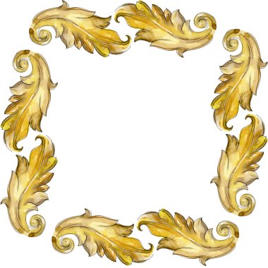 Altın monogram çiçek süsleme. Suluboya arka plan illüstrasyon küme. Çerçeve kenarlığı süsleme Meydanı.