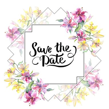 Kazablanka lilyum botanik çiçek sarı ve mor. Suluboya arka plan illüstrasyon küme. Çerçeve kenarlığı süsleme Meydanı.