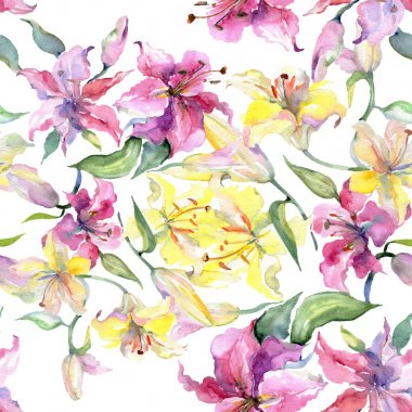 Sarı ve mor lilyum çiçek botanik çiçekler. Suluboya arka plan illüstrasyon küme. Sorunsuz arka plan deseni.