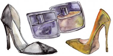 Moda kroki glamour çizimde bir suluboya stil izole öğesi. Suluboya arka plan ayarlamak.