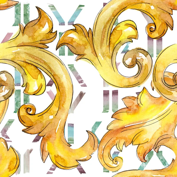 Guld monogram blommig prydnad. Akvarell bakgrund illustration set. Sömlös bakgrundsmönster. — Stockfoto