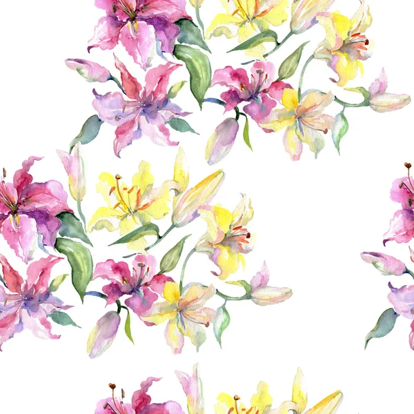 Kuning dan ungu lillies bunga botani bunga. Set ilustrasi latar belakang cat air. Pola latar belakang mulus . — Stok Foto