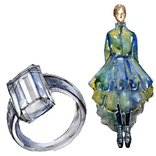 Ring und Frau im Kleid skizzieren Glamour Illustration in einem Aquarell Stil isolierten Element. Aquarell Hintergrund Set. — Stockfoto