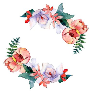 Buketler çiçek botanik çiçekler. Suluboya arka plan illüstrasyon küme. Çerçeve kenarlığı süsleme Meydanı.