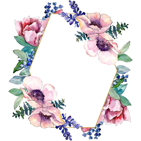 보라색 꽃다발 꽃 식물 꽃입니다. 수채화 배경 그림 설정 합니다. 프레임 테두리 장식 스퀘어. — 스톡 사진