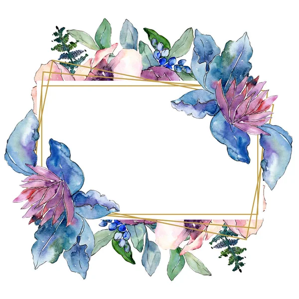 Fioletowy bukiet kwiat kwiatowy botanicznych. Zestaw ilustracji tle akwarela. Ramki granicznej ornament square. — Zdjęcie stockowe