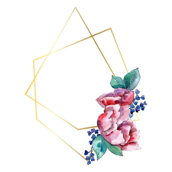 Μωβ μπουκέτο λουλουδιών βοτανικό λουλούδι. Ακουαρέλα φόντο εικόνα σύνολο. Πλαίσιο συνόρων στολίδι τετράγωνο. — Φωτογραφία Αρχείου