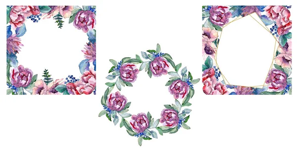 Ramo púrpura flor botánica floral. Conjunto de ilustración de fondo acuarela. Marco borde ornamento cuadrado . — Foto de Stock