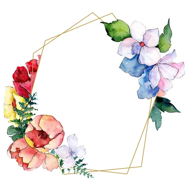 Bouquets fiori botanici floreali. Acquerello sfondo illustrazione set. Cornice bordo cristallo ornamento quadrato . — Foto Stock