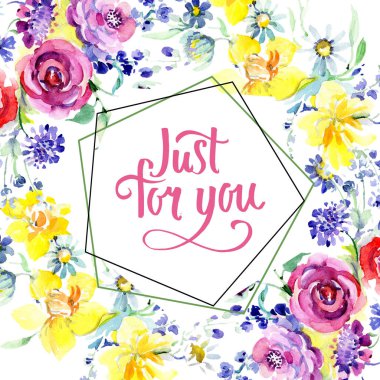 Pembe gül buketi botanik çiçek. Suluboya arka plan illüstrasyon küme. Çerçeve kenarlığı kristal süsleme Meydanı.