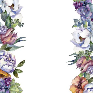 Buketler çiçek botanik çiçekler. Suluboya arka plan illüstrasyon küme. Çerçeve kenarlığı süsleme Meydanı.