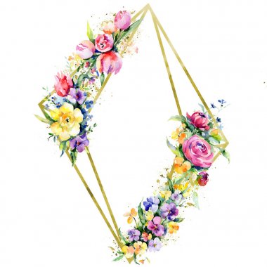 Buketler çiçek botanik çiçekler. Suluboya arka plan illüstrasyon küme. Çerçeve kenarlığı süsleme Meydanı.