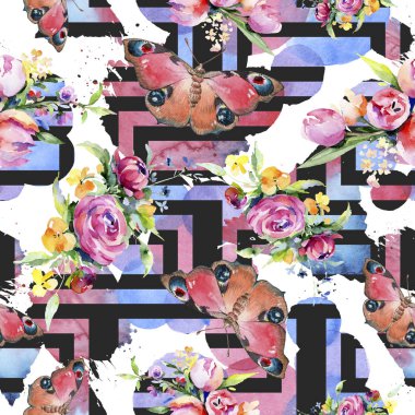 Buketler çiçek botanik çiçekler. Suluboya arka plan illüstrasyon küme. Sorunsuz arka plan deseni.