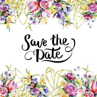 Buketler çiçek botanik çiçekler. Suluboya arka plan illüstrasyon küme. Çerçeve kenarlığı süsleme Meydanı.