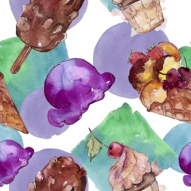 Sulu Boya stilinde lezzetli dondurma. Aquarelle şekerli tatlı şekilde ayarlayın. Sorunsuz arka plan deseni.