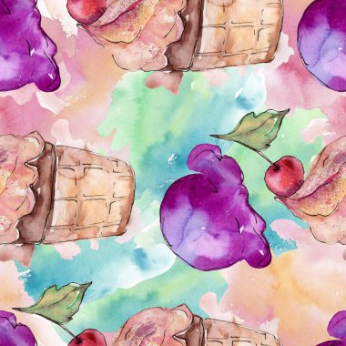 Sulu Boya stilinde lezzetli dondurma. Aquarelle şekerli tatlı şekilde ayarlayın. Sorunsuz arka plan deseni.